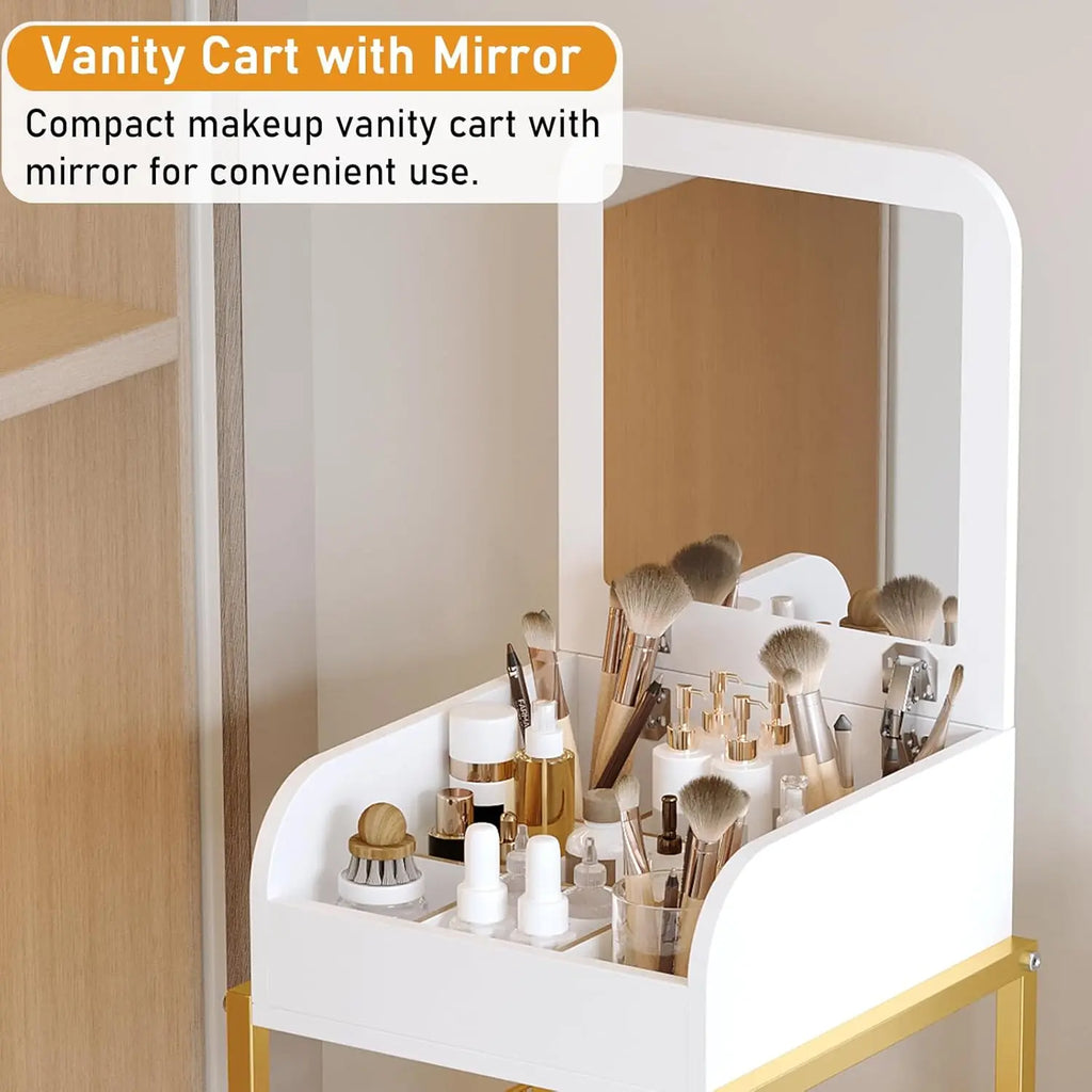 Makeup Organizer Cart with Mirror, Gold