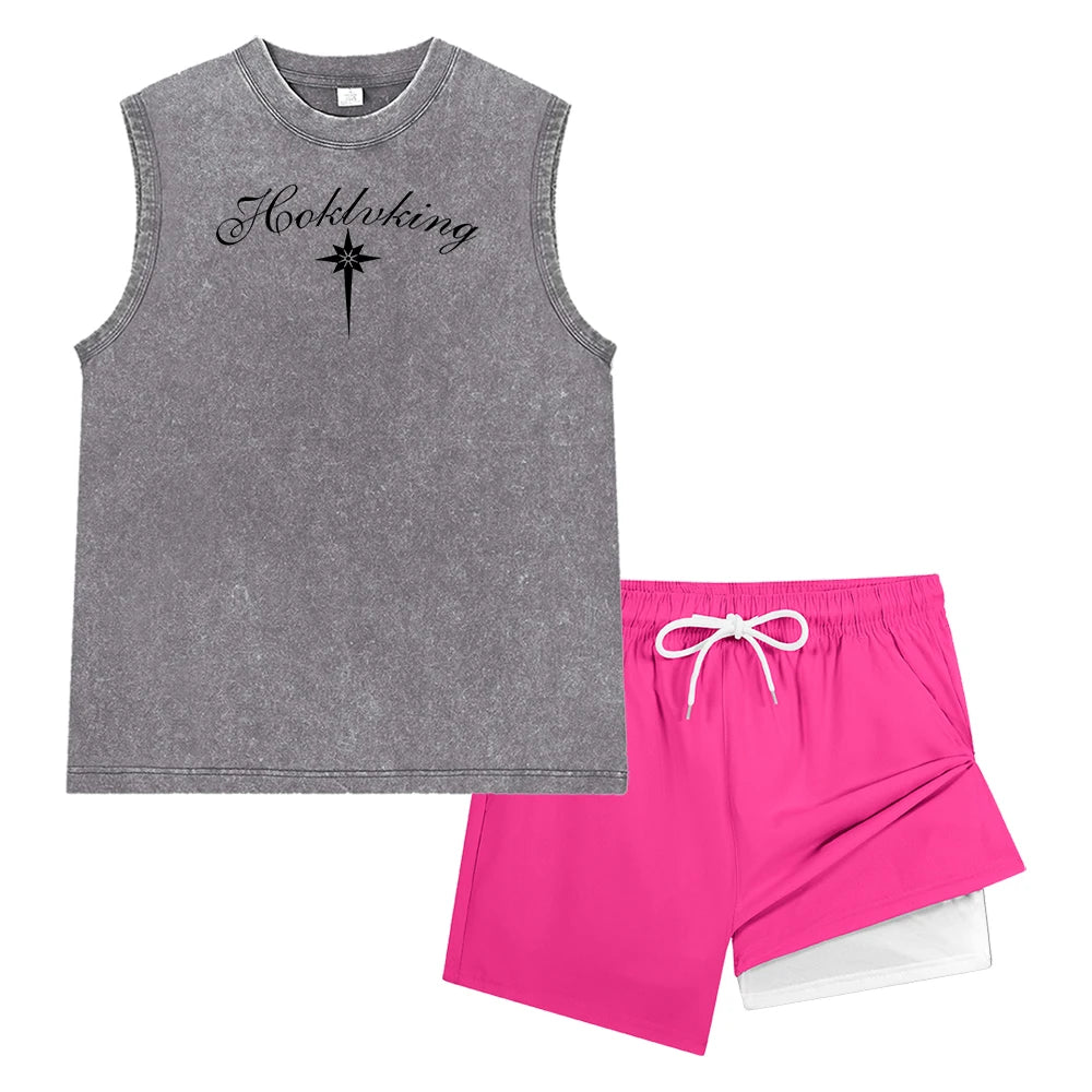 Men's Vintage Wash Tank Top and Beach Shorts Set