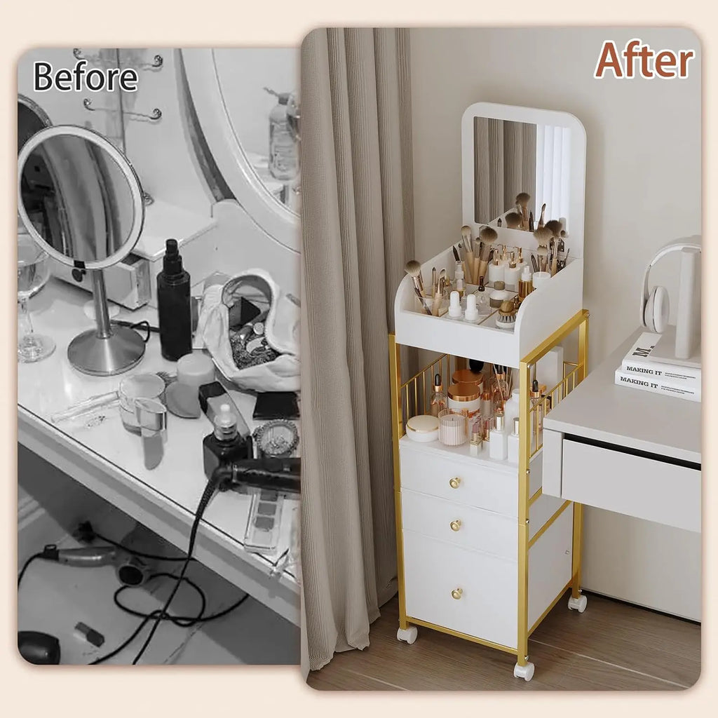 Makeup Organizer Cart with Mirror, Gold