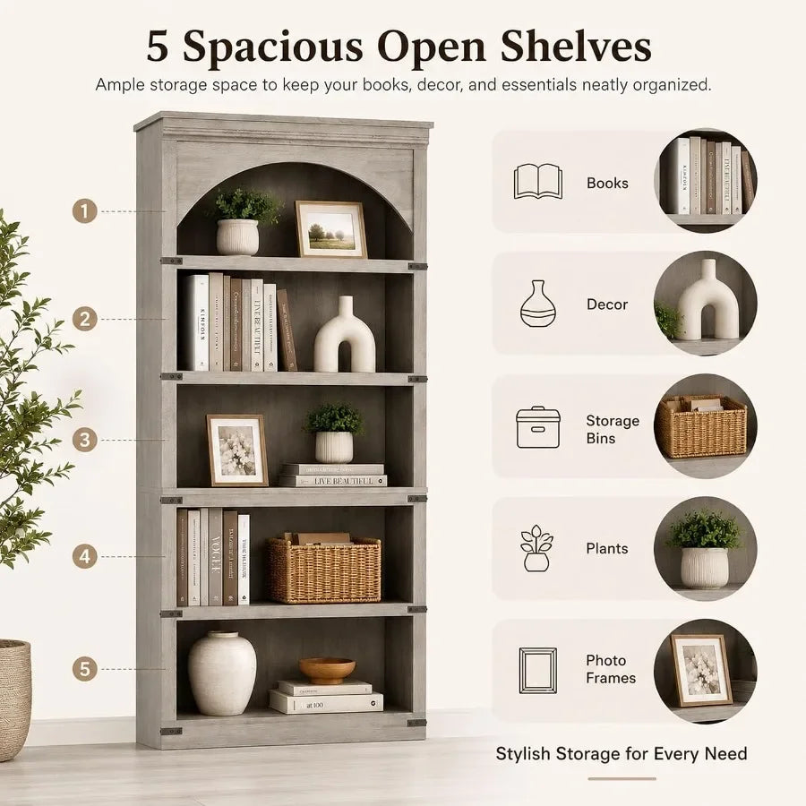 5-Tier Farmhouse Arched Bookcase