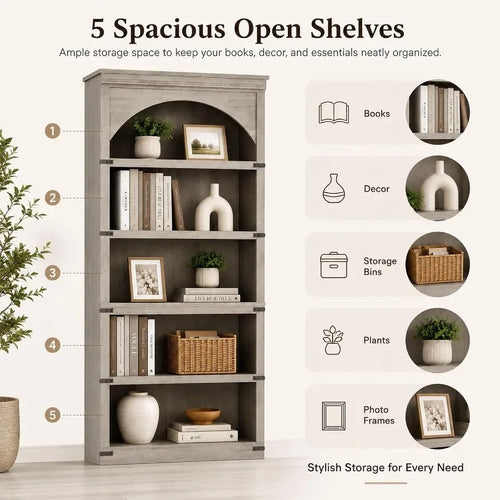 5-Tier Farmhouse Arched Bookcase