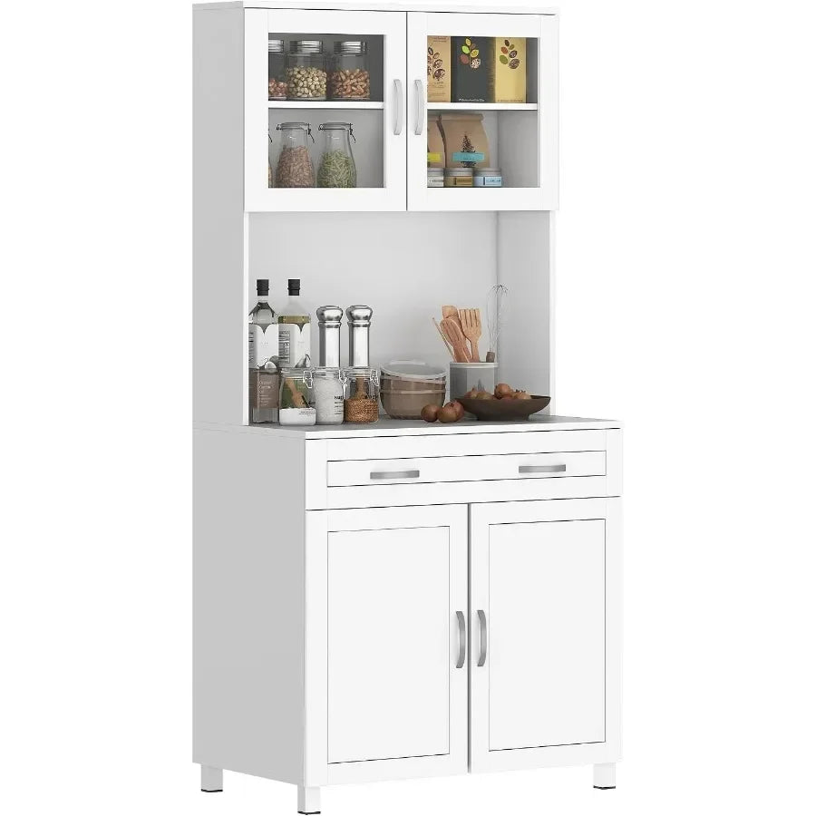 White Kitchen Pantry Cabinet with Glass Doors