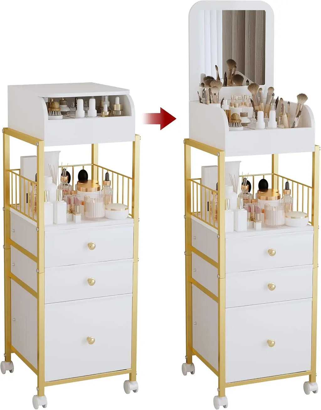 Makeup Organizer Cart with Mirror, Gold