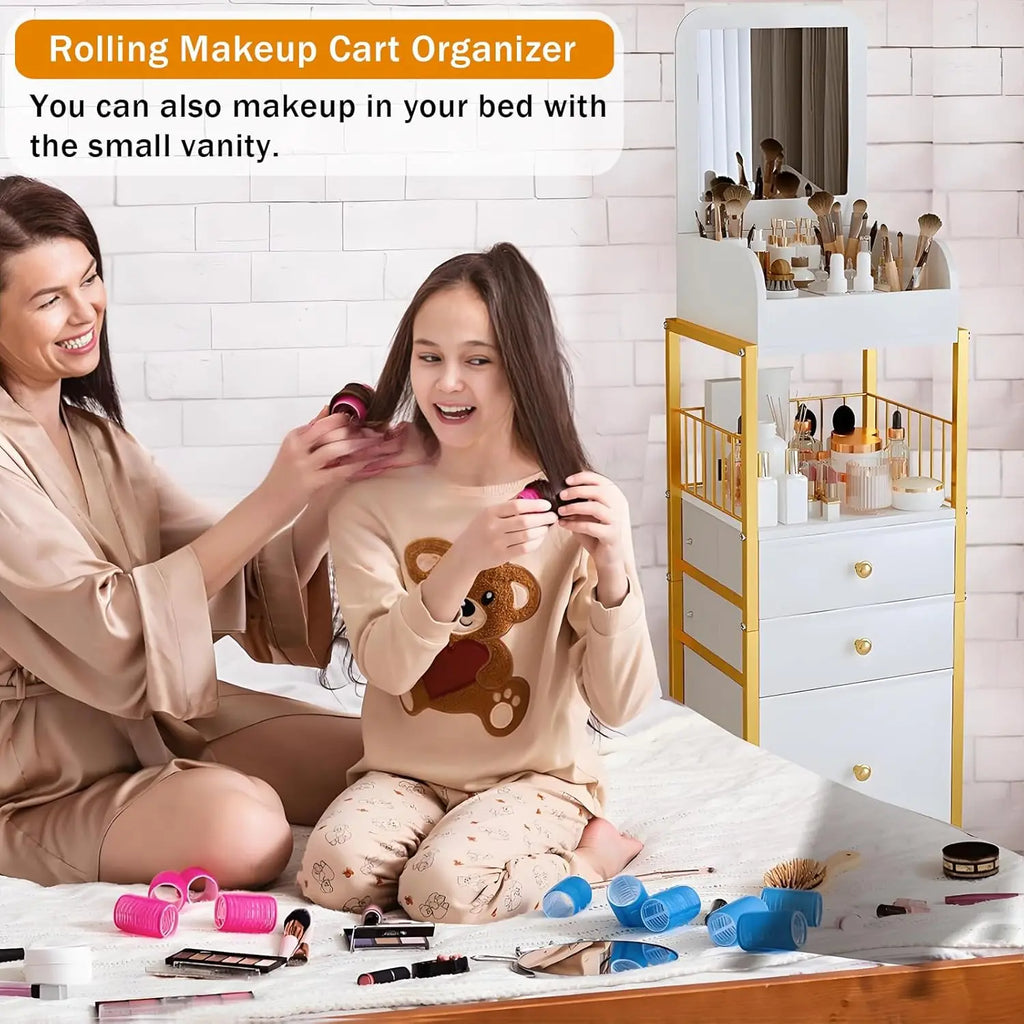 Makeup Organizer Cart with Mirror, Gold