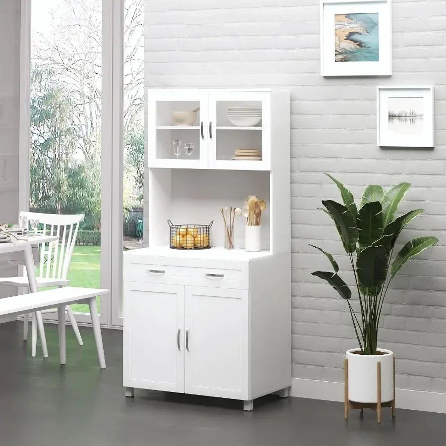 White Kitchen Pantry Cabinet with Glass Doors