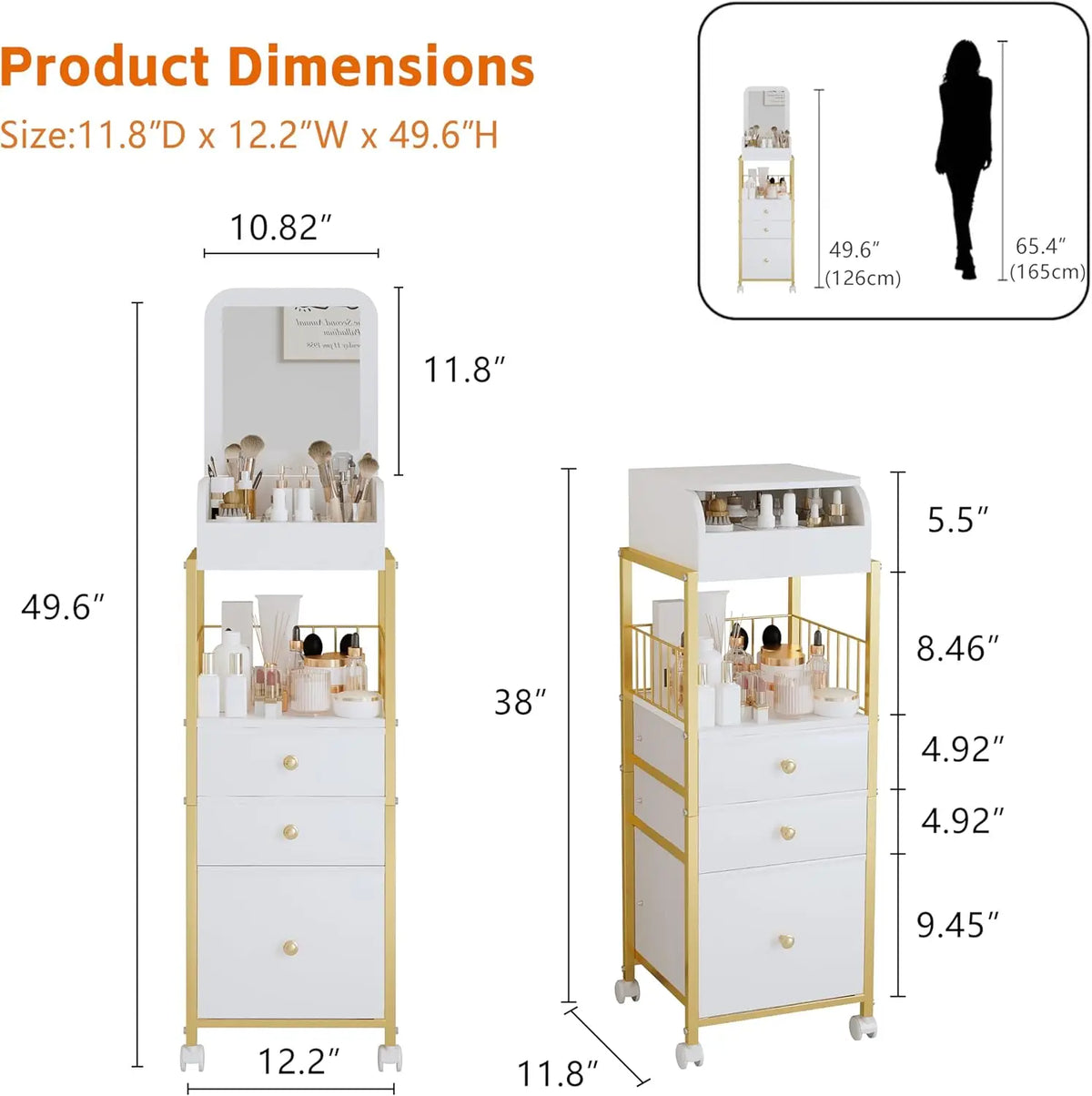 Makeup Organizer Cart with Mirror, Gold