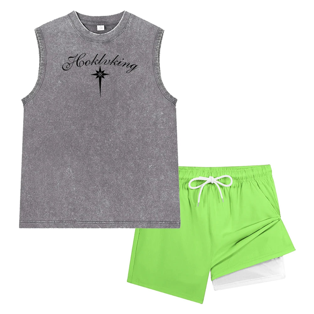 Men's Vintage Wash Tank Top and Beach Shorts Set