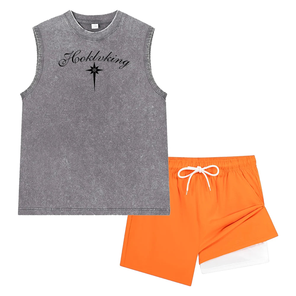 Men's Vintage Wash Tank Top and Beach Shorts Set