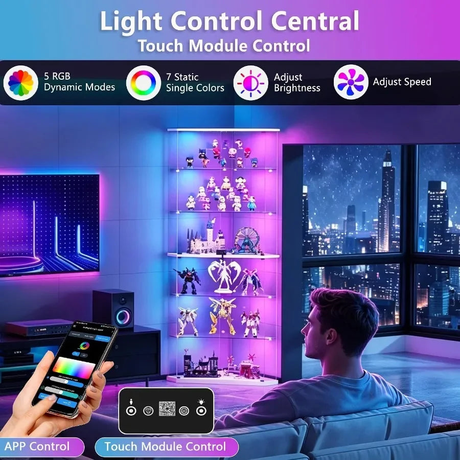 6-Tier Corner Glass Display Cabinet with RGB Lighting