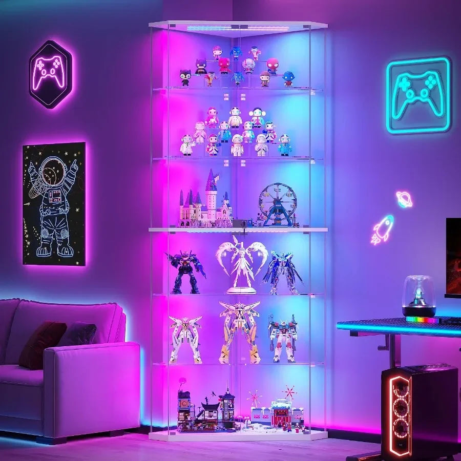 6-Tier Corner Glass Display Cabinet with RGB Lighting