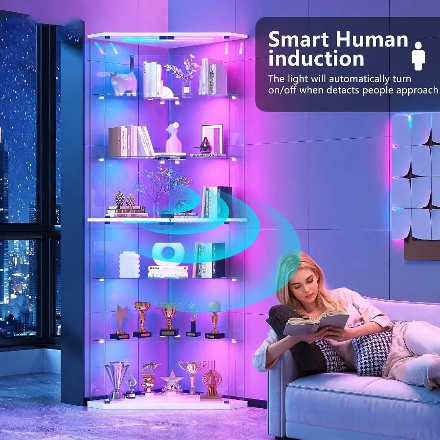 6-Tier Corner Glass Display Cabinet with RGB Lighting