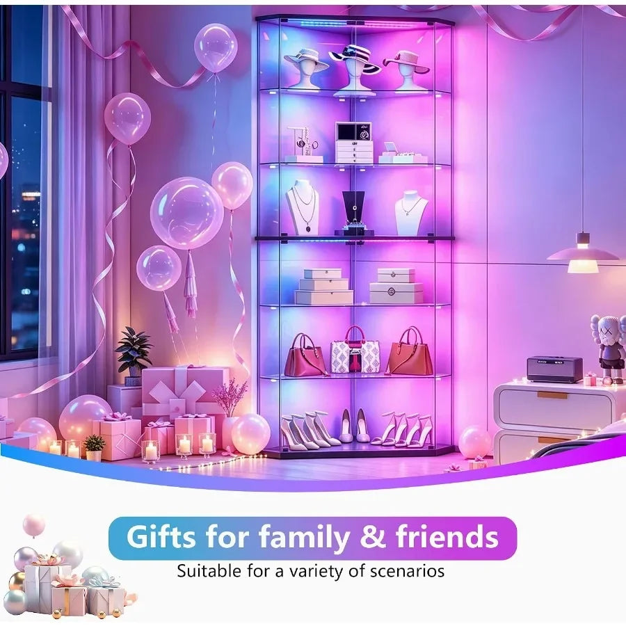 6-Tier Corner Glass Display Cabinet with RGB Lighting