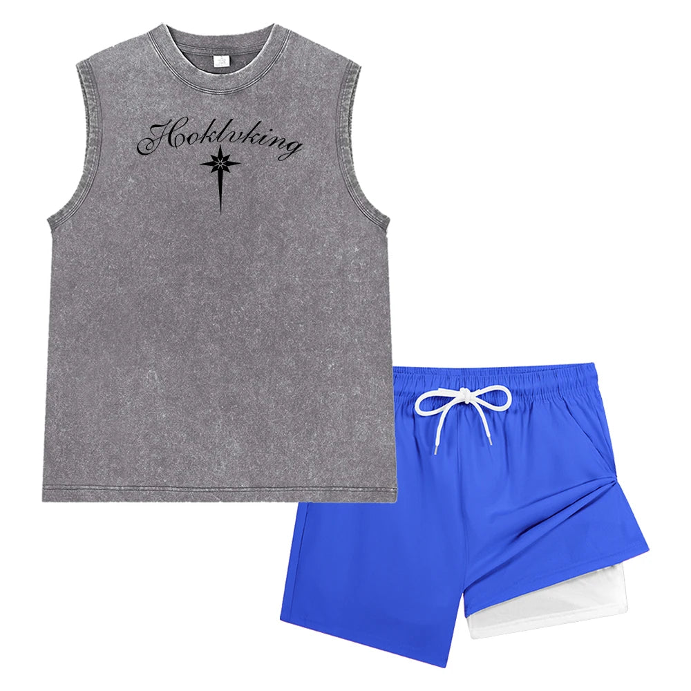 Men's Vintage Wash Tank Top and Beach Shorts Set
