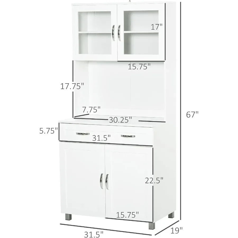 White Kitchen Pantry Cabinet with Glass Doors