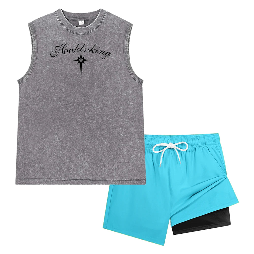 Men's Vintage Wash Tank Top and Beach Shorts Set