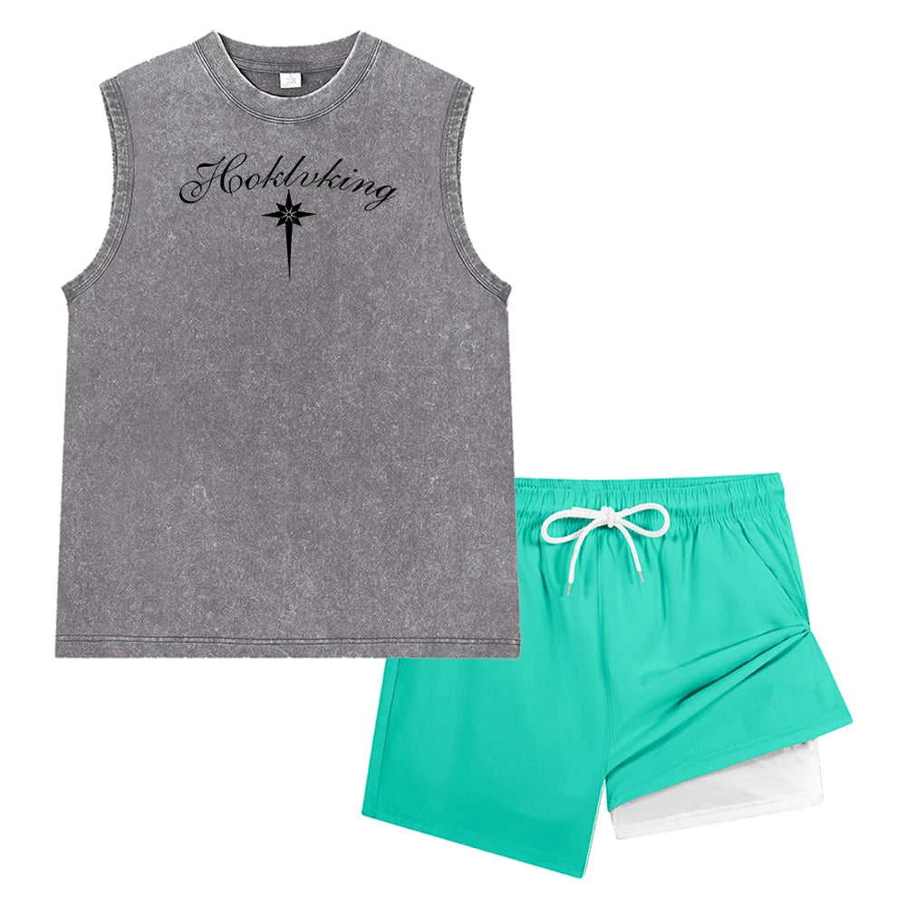 Men's Vintage Wash Tank Top and Beach Shorts Set