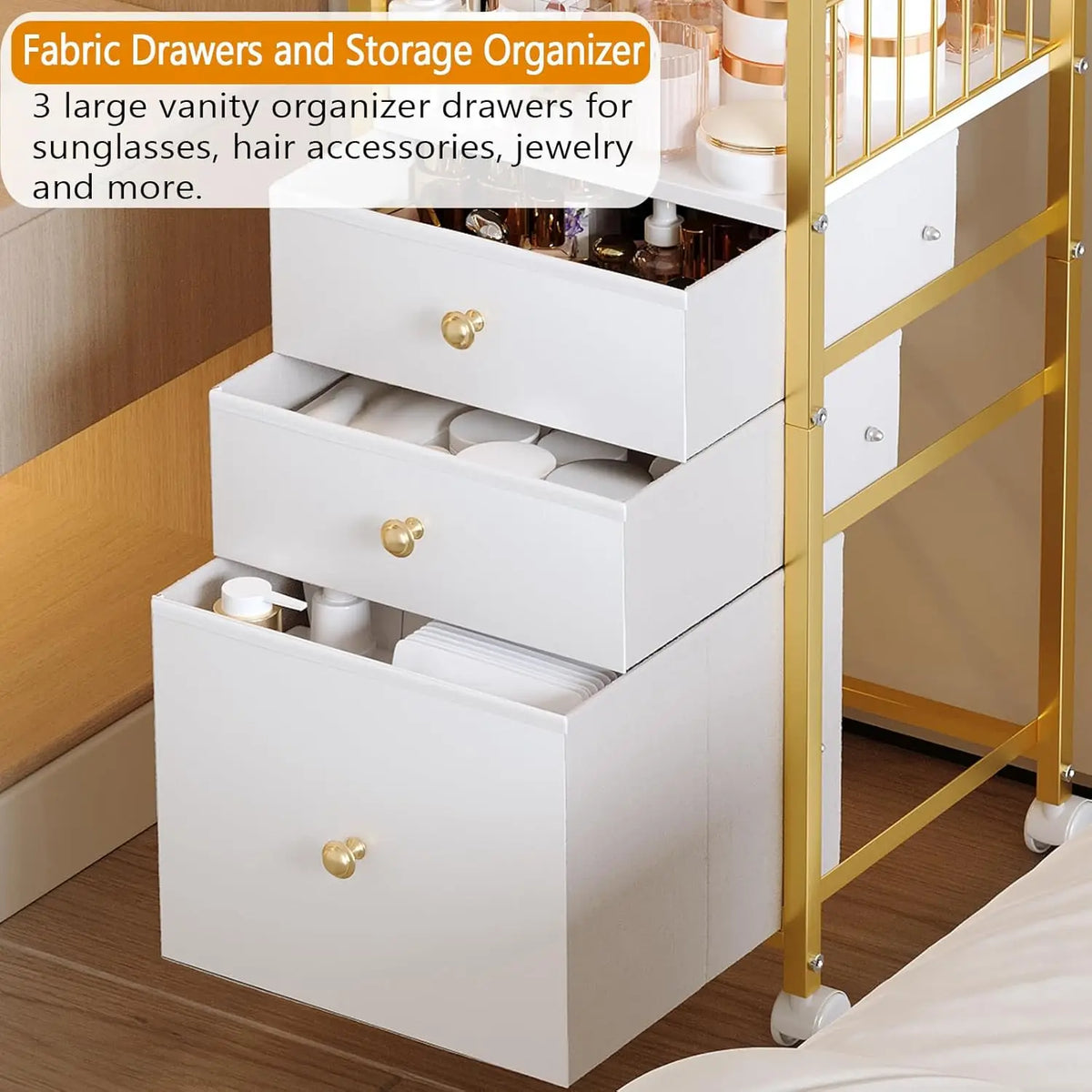 Makeup Organizer Cart with Mirror, Gold
