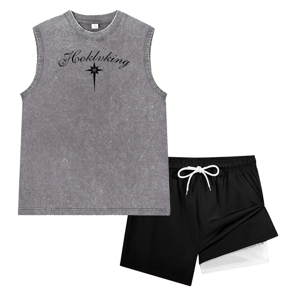 Men's Vintage Wash Tank Top and Beach Shorts Set