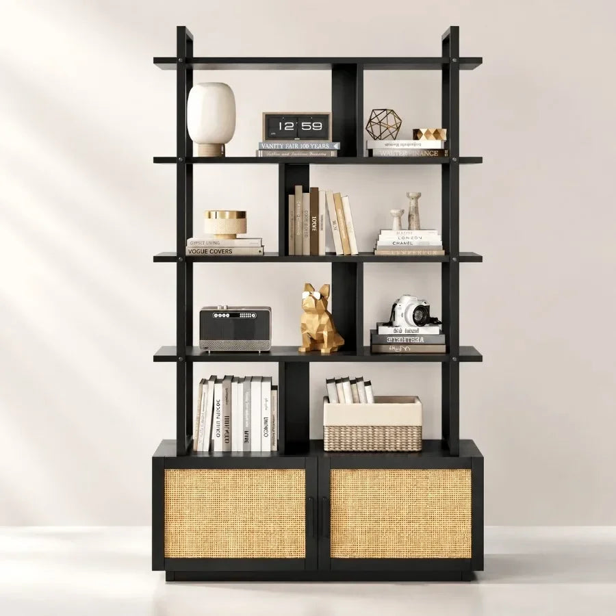 5-Tier Rattan Bookshelf in Black