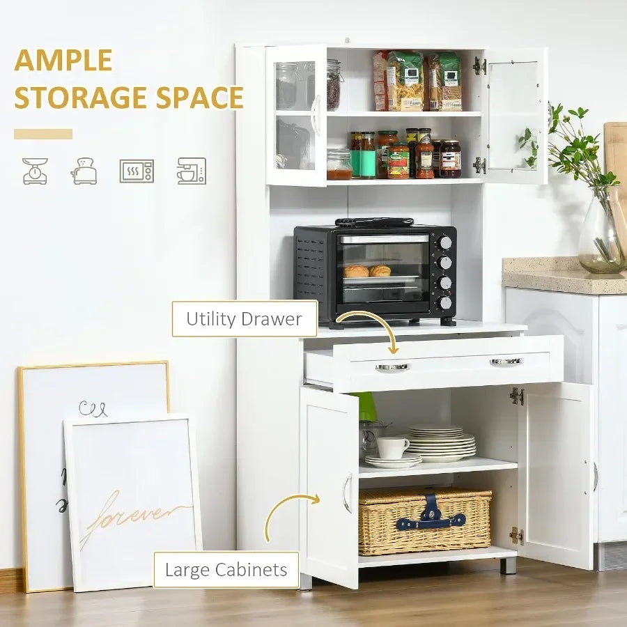 White Kitchen Pantry Cabinet with Glass Doors