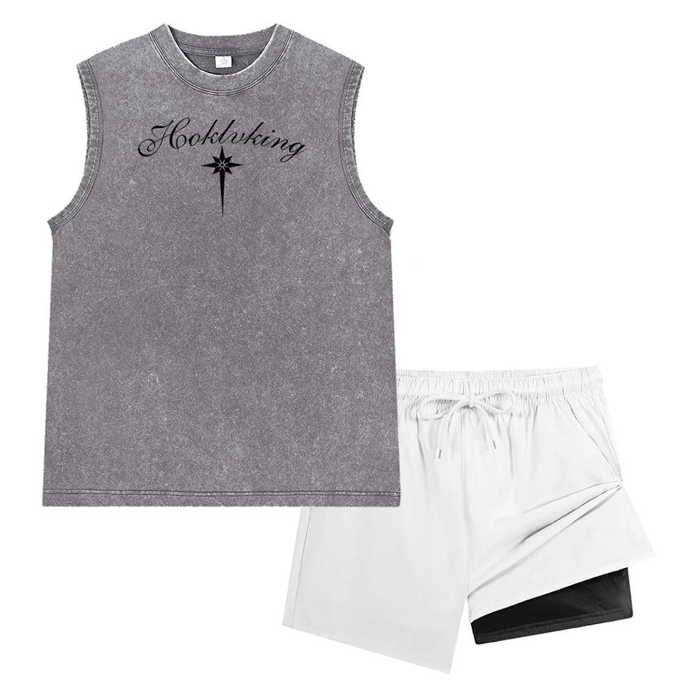Men's Vintage Wash Tank Top and Beach Shorts Set