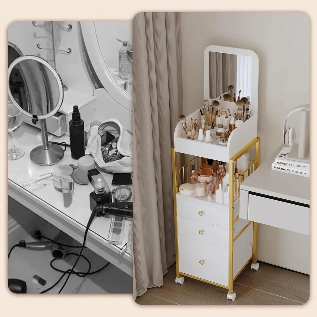 Before and after of a tidy makeup station using the white and gold rolling organizer cart